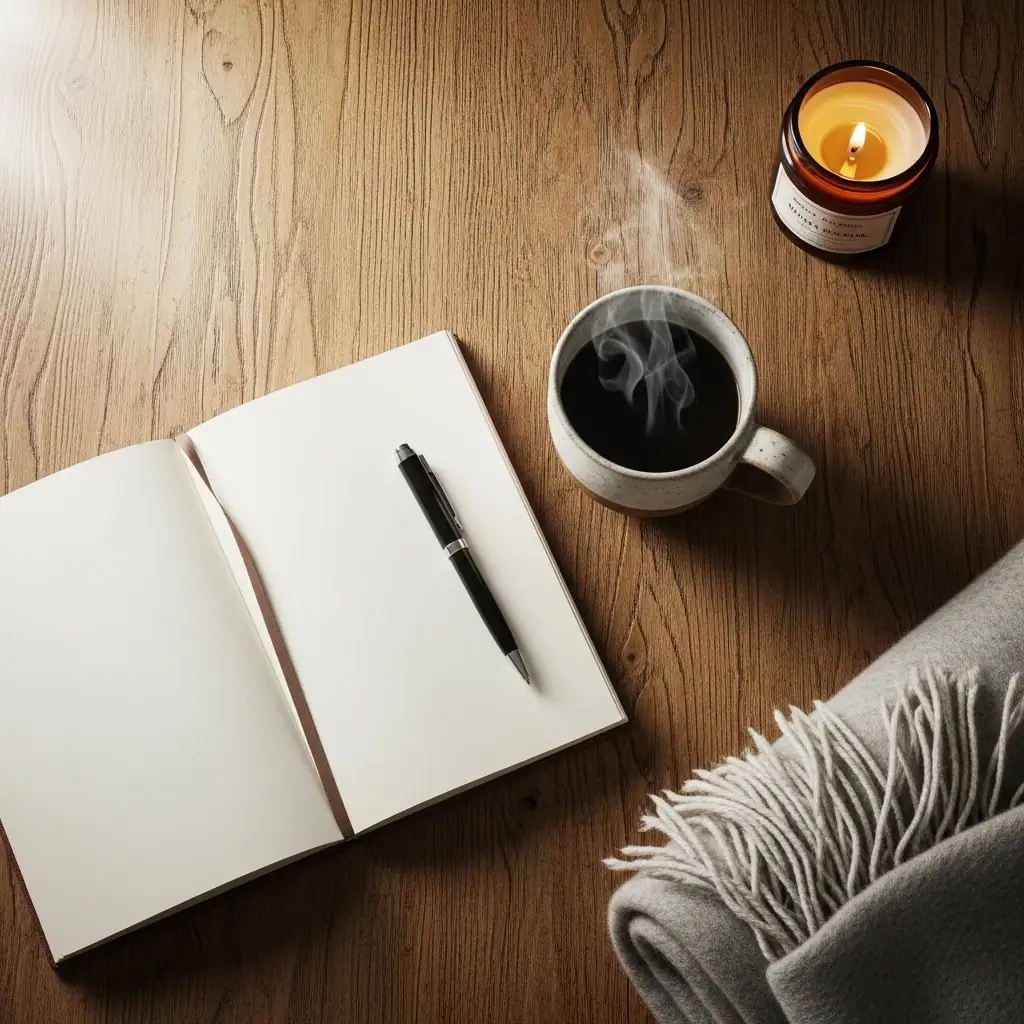 Flat lay composition on a rustic wooden table. An open notebook and a pen next to a steaming cup of coffee in a handmade mug. In the corner, a small scented candle and a cozy wool blanket. The atmosphere is warm, inviting, and personal. Soft morning light.