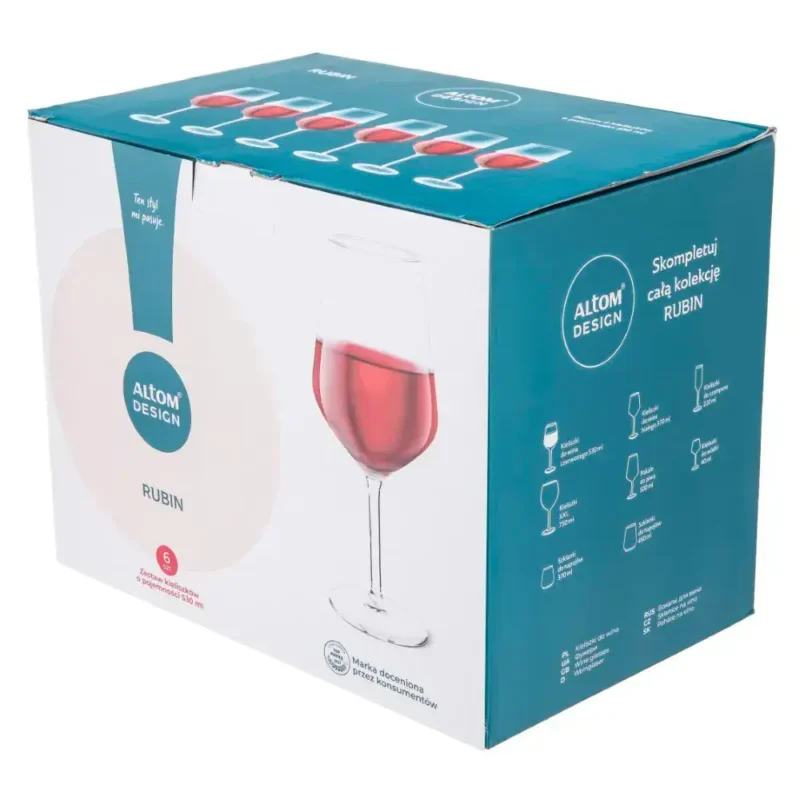 Wyprzedaż szkła do wina RUBIN, zestaw 6 sztuk, eleganckie kieliszki o pojemności 530 ml, idealne do alkoholi, z wysokiej jakości szkła Altom Design, nowoczesny design, idealne na prezent.