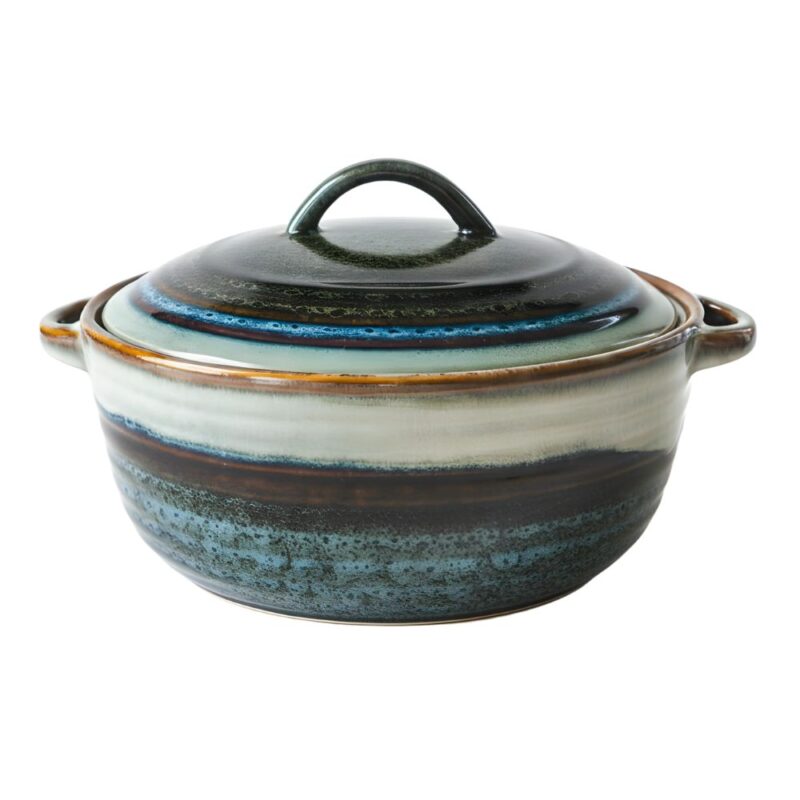 Ręcznie malowana ceramiczna brytfanna z pokrywką w stylu rustykalnym, idealna do domowych obiadów i świątecznych potraw, wysokiej jakości wykończenie, unikalny design.