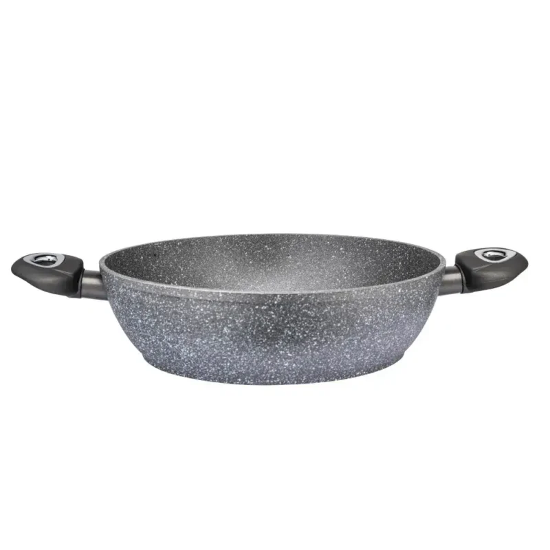 Sztućce kuchenne, patelnia granite z dwoma uchwytami, trwała i odporna na zarysowania, idealna do przygotowania potraw na indukcji i gazie, stylowy design.