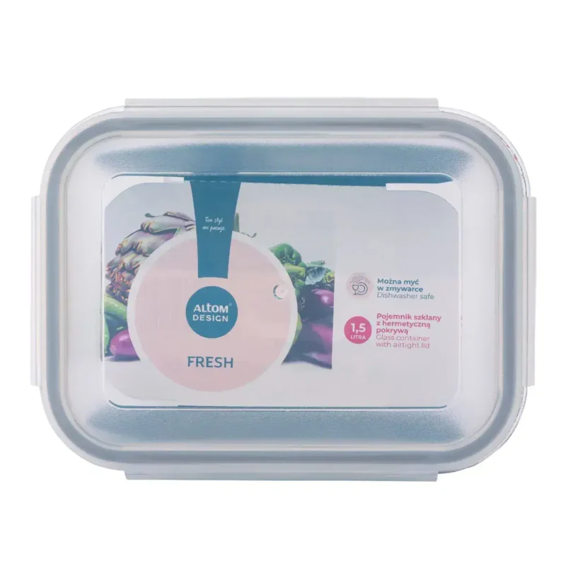 Przedmiotowy pojemnik na żywność z hermetyczną pokrywą, idealny do przechowywania świeżych produktów spożywczych. Wykonany ze szkła, z możliwością mycia w zmywarce, pojemność 1,5 litra, zapewnia długotrwałą świeżość.