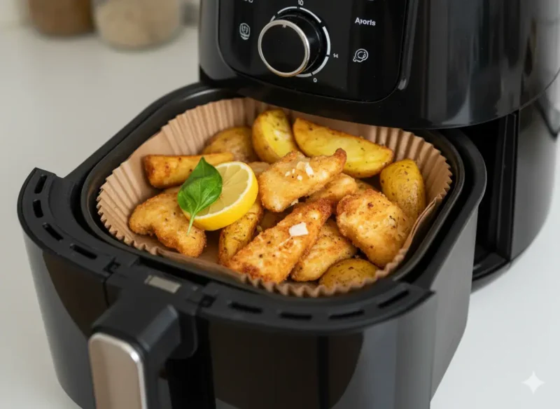 Chrupiące ryby z ziemniakami w frytkownicy beztłuszczowej, podawane z cytryną i bazylią, idealne danie na domowej kuchni w domu lub w restauracji.