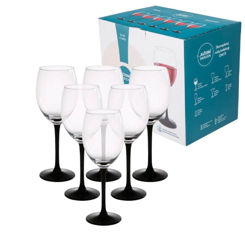 Szkło do wina z czarną nóżką, komplet 6 sztuk, eleganckie kieliszki do degustacji, idealne na specjalne okazje i uroczystości.