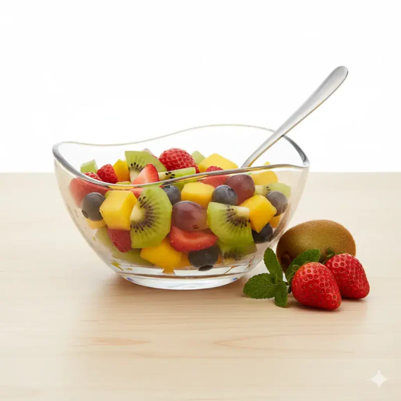 Świeża sałatka owocowa z kiwi, truskawkami, winogronami i mango w szklanej misce na jasnym tle.