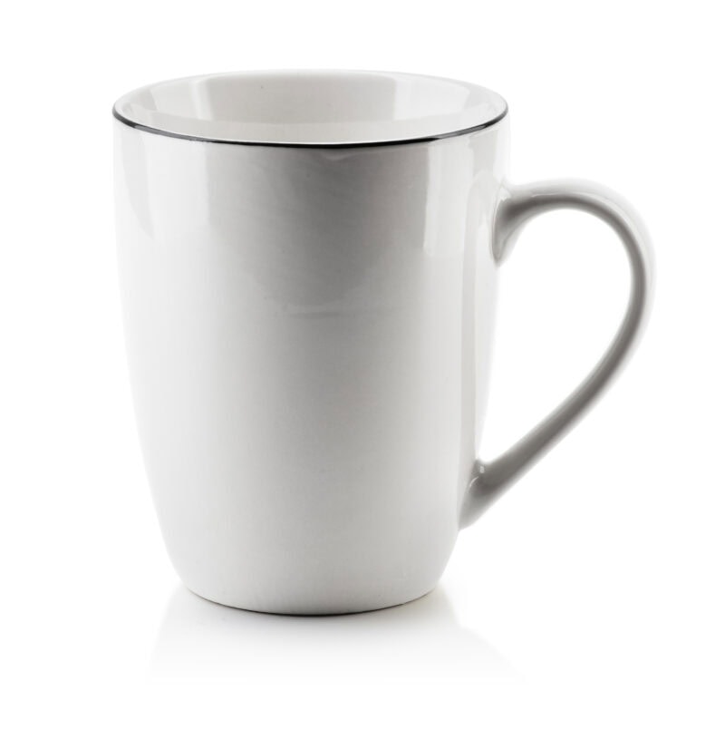 Biała ceramiczna kubek z czarną linerą, elegancki i funkcjonalny, idealny do codziennego użytku, Domowy Zakątek.