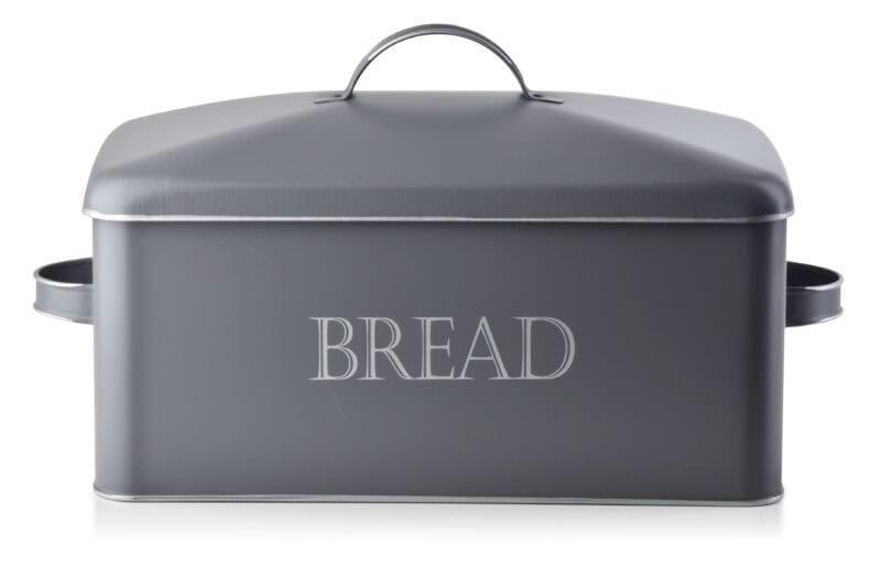 Elegancka metalowa pudełko na pieczywo z napisem "BREAD", idealne do kuchni i przechowywania świeżego chleba, nowoczesny design, praktyczne rozwiązanie, domowy zakątek.