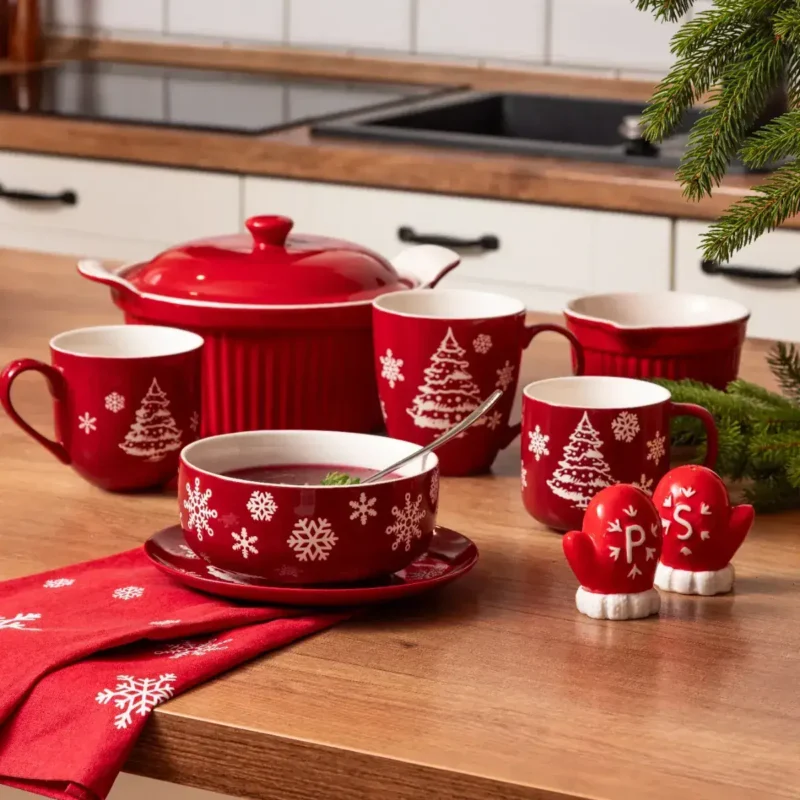 Czerwone ceramiczne zestaw do herbaty i kawy na świątecznym stole z zimowymi motywami choinki, śnieżynek i bałwana, idealny na Boże Narodzenie, dekoracje Domowy Zakątek, naczynia na zimowe okazje, świąteczne dekoracje kuchenne.