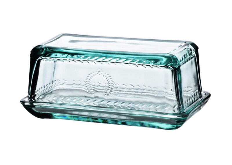 Butelka na masło z kryształowego szkła, elegancki design, idealna do kuchni, domowy zakątek, ozdoba stołu, dekoracyjny element, praktyczne naczynie do przechowywania masła.