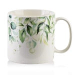 Zielony, kwiecisty kubek ceramiczny z motywem liści na stronie, idealny do kawy i herbaty, produkt Domowy Zakątek, dekoracyjny i funkcjonalny, naturalny design, porcelana, prezent na każdą okazję.