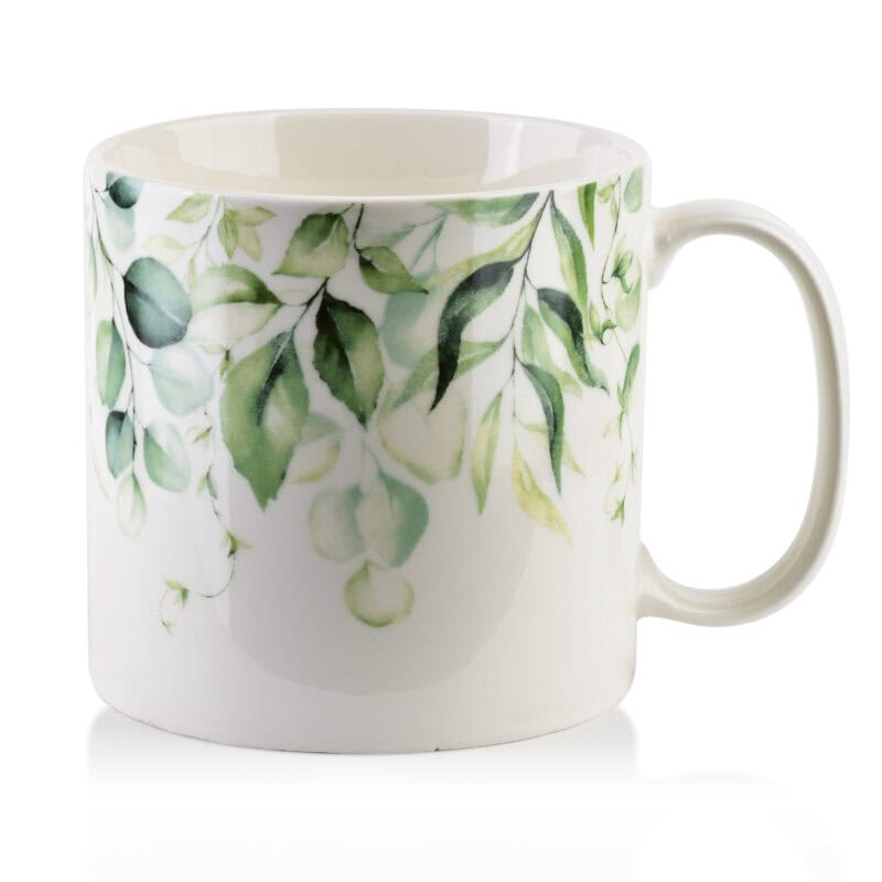 Zielony, kwiecisty kubek ceramiczny z motywem liści na stronie, idealny do kawy i herbaty, produkt Domowy Zakątek, dekoracyjny i funkcjonalny, naturalny design, porcelana, prezent na każdą okazję.