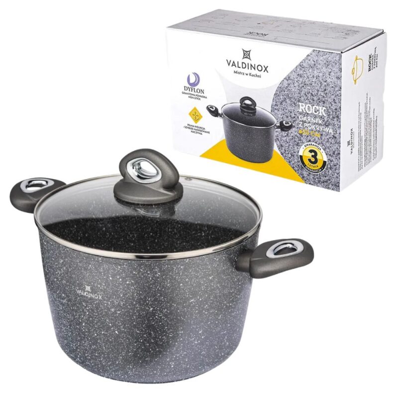 Domek Zakątek, zestaw garnków Valdinox ROCK z pokrywką, trwała i elegancka patelnia garnkowa do kuchni, granitowa powłoka non-stick, idealna do codziennego gotowania, prezent w domowym stylu.