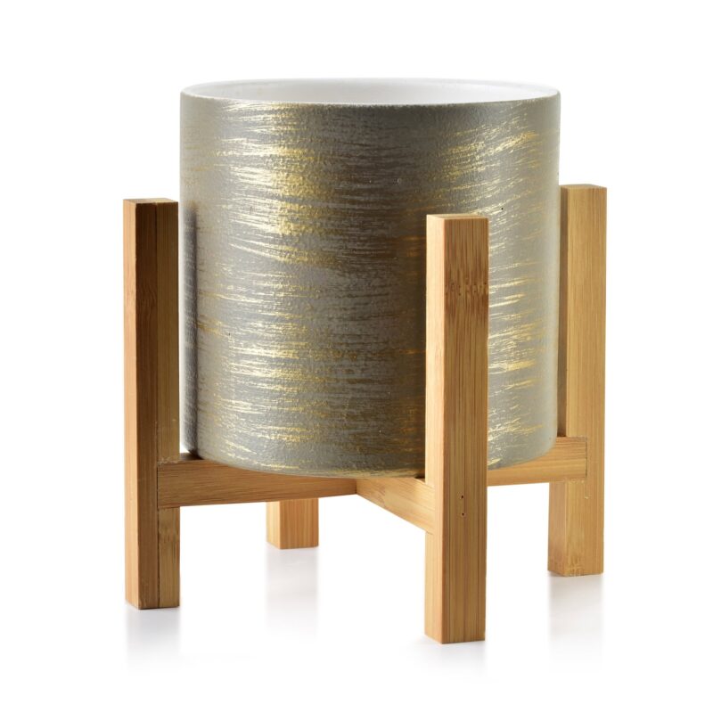 Elegancka doniczka ceramiczna na drewnianym stojaku, idealna do roślin ozdobnych do domu, wspiera zdrowy rozwój roślin, nowoczesny design, naturalne materiały, dekoracyjny akcent.