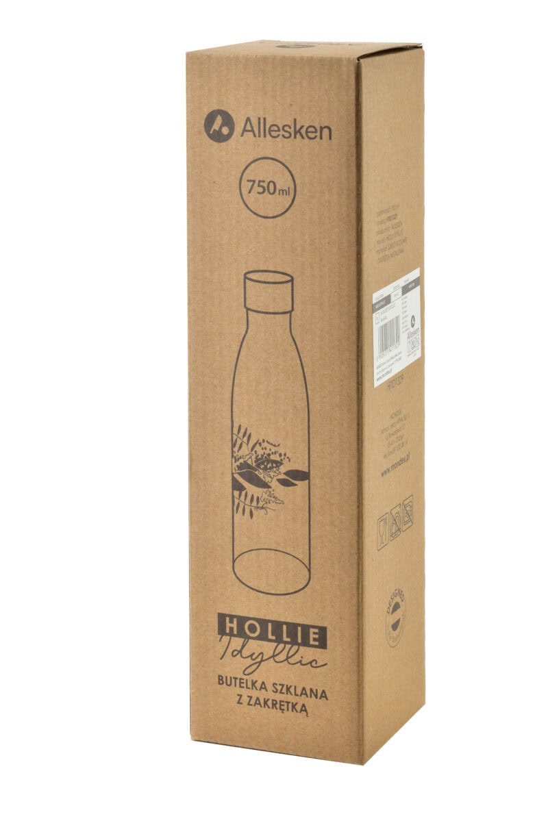 Butelka szklana z zakrętką Holly Tylla, ekologiczne opakowanie na wodę 750 ml, idealna do codziennego użytku i dbania o środowisko, dostępna w sklepie Domowy Zakątek.