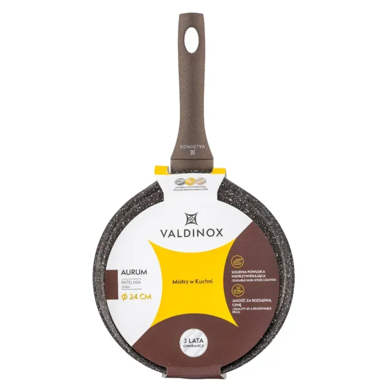 Solidna patelnia non-stick Valdinox Aurum, 24 cm, czarna z złotym akcentem, idealna do kuchni domowej i profesjonalnej.