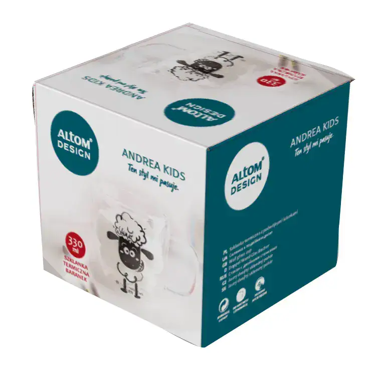 Alergiczne szkło termiczne dla dzieci Andrea Kids 330 ml, bezpieczna szklanka z wesołą owcą, idealna do napojów, szklanka termiczna dla najmłodszych, trwała i praktyczna do codziennego użytku.