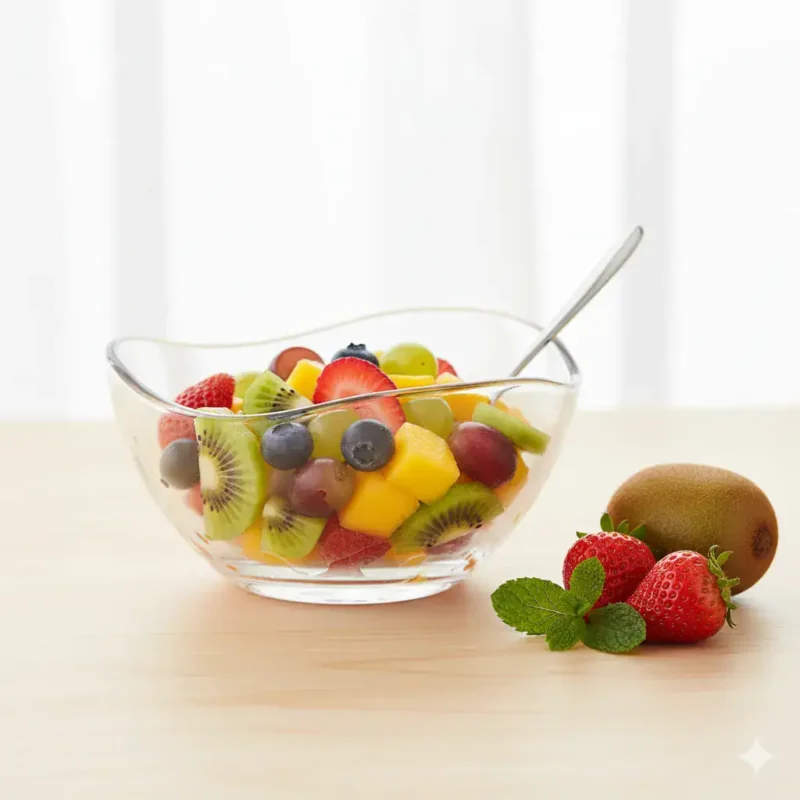 Świeża sałatka owocowa w przezroczystej misie z różnorodnymi owocami, takimi jak kiwi, truskawki, winogrona i mango, na jasnym tle.