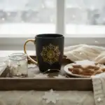 Złota zimowa kubek z napisem snowflake, świąteczna atmosfera, herbata w domu, dekoracje świąteczne, drewniana taca z pierniczkami i lampkami świątecznymi, ciepłe wieczory zimowe, dekoracje bożonarodzeniowe, zimowy klimat, relaks i odpoczynek w domu.