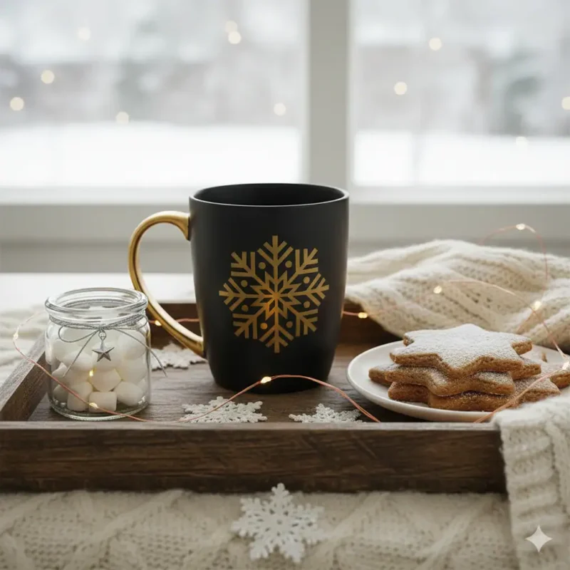 Złota zimowa kubek z napisem snowflake, świąteczna atmosfera, herbata w domu, dekoracje świąteczne, drewniana taca z pierniczkami i lampkami świątecznymi, ciepłe wieczory zimowe, dekoracje bożonarodzeniowe, zimowy klimat, relaks i odpoczynek w domu.