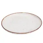 Biały ceramiczny talerz z brązową krawędzią, idealny do podawania potraw w domu, inspirowany stylem Domowy Zakątek.