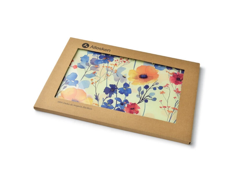 Kolorowa drewniana deska do krojenia z kwiatowym wzorem, idealna do kuchni, ozdoba i funkcjonalny gadżet kulinarny, produkt marki Alesken, o wymiarach 20x30cm.