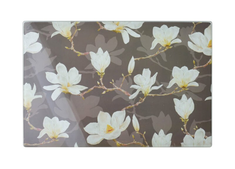 Magnolia na szarym tle, dekoracja domu, kwiaty w aranżacji wnętrz, elegancki motyw roślinny, ozdoba do salonu, kuchni lub sypialni, wysoka jakość, elegancki design.