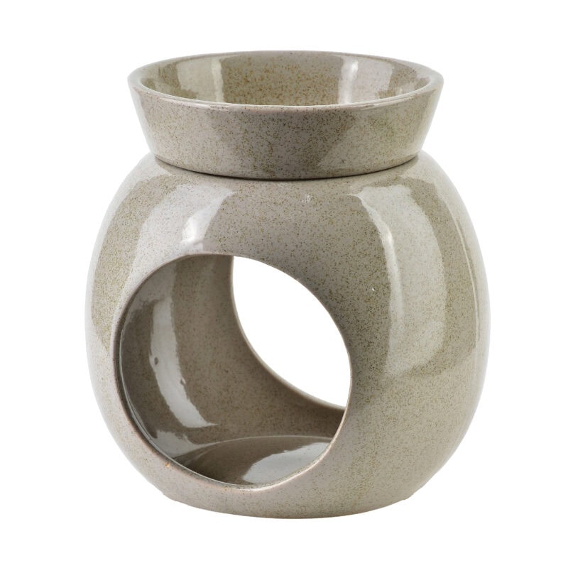 Ceramiczny świecznik na tealight w stylu minimalistycznym, z otwartym środkiem i kamienistym wykończeniem, idealny do domowej dekoracji i tworzenia atmosfery relaksu.