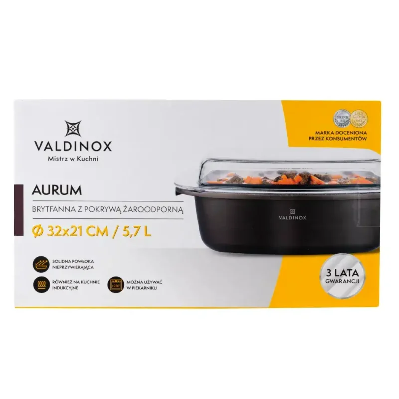 Solidna brytfanna valdinox Aurum z pokrywą żaroodporną, 32x21 cm, 5,7 l, do kuchni indukcyjnej i piekarnika, trwała i nieprzywierająca, idealna do gotowania i pieczenia, gwarancja 3 lata.