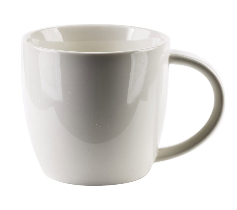 Gładka biała ceramiczna filiżanka na kawę lub herbatę w domowym zaciszu, idealna do codziennego użytku w domu i biurze.