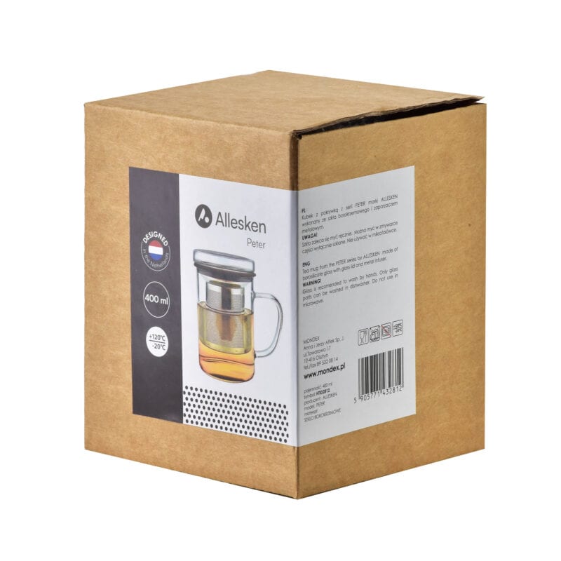 Przedmiot z serii Domowy Zakątek, czajnik z pokrywką z serii Peter marki Allesken, metalowy, z szklanym dzbankiem, idealny do kuchni, o pojemności 400 ml, odporność do 120°C, nowoczesny design, funkcjonalny i trwały.