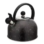 Czajnik kuchenny z czarnym wykończeniem w białe kropeczki, stalowa pokrywka, solidny uchwyt, elegancki design idealny do domu i biura.