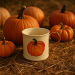 Pumpkin mug on autumn ground with pumpkins in background, cozy fall scene, autumnal decoration, seasonal outdoor setting, warm cozy atmosphere, harvest time, autumn vibes.