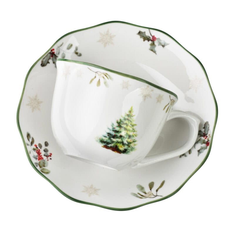 Cukiernia świąteczna z motywem choinki i śnieżynek na porcelanie, idealna na zimowe okazje i bożonarodzeniowe spotkania, wysokiej jakości zastawa stołowa od Domowy Zakątek.