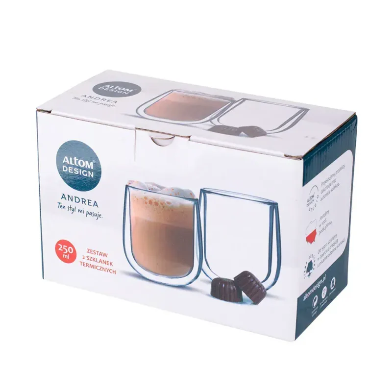 Zestaw 2 szklanek termicznych do kawy i herbaty 250 ml, elegancki design, idealny na filiżankę gorących napojów, świetny dodatek do domu, kawiarni i biura.