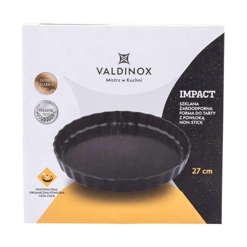 Grelka do tarty z powłoką, czarna, 27 cm, odporna na stłuczenia, nieprzywierająca, szkło żaroodporne, idealna do pieczenia ciast i tart, nowoczesny design, domowe wypieki, akcesoria kuchenne Domowy Zakątek.