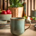 Ceramiczna kubek do kawy w stylu rustykalnym, ręcznie robiony, z zielonym pasem, idealny do domowego zakątka, naczynie z ceramiki dla miłośników kawy i herbaty.