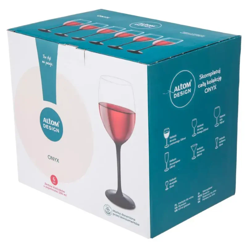 Elegancki zestaw kieliszków do wina o pojemności 330 ml, wysokiej jakości szkło, idealny do domowego użytku i prezentów, część kolekcji ONYX od ALTOM DESIGN.