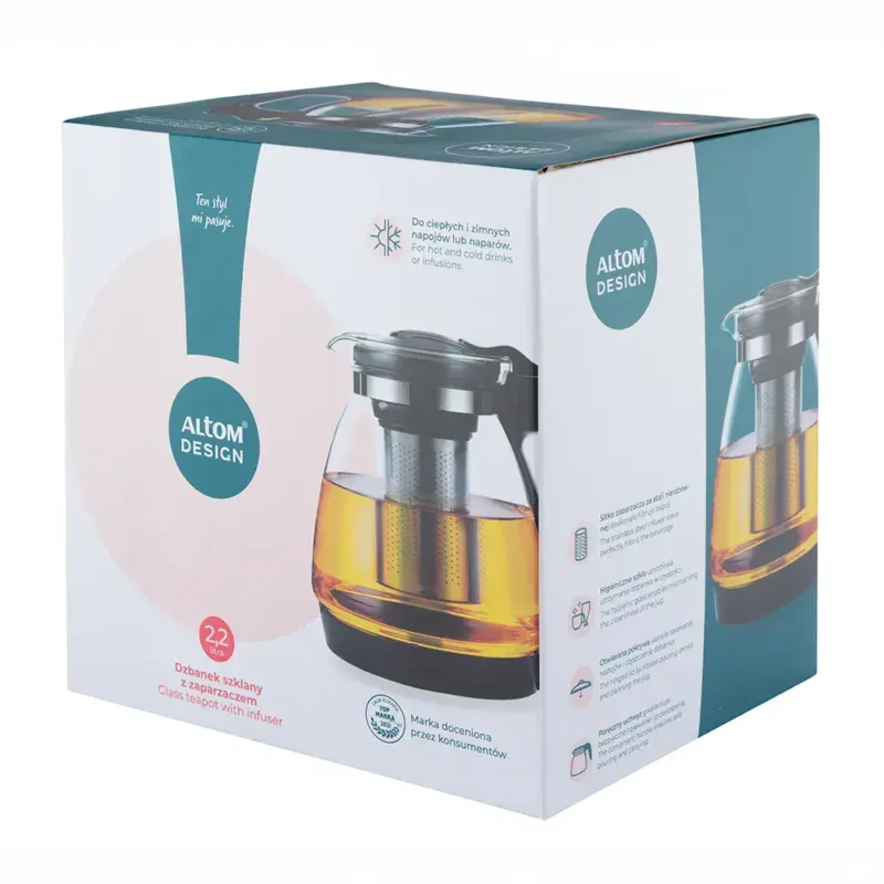 Słoik do herbaty z zaparzaczem Altom Design 2,2 l, szkło, czarny, nowoczesny design, idealny na ciepłe i chłodne napoje, wytrzymałe i higieniczne.