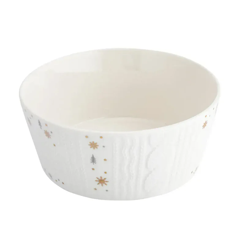 Polska porcelanowa miska z zimowym motywem śnieżek i choinek, idealna na świąteczny stół, elegancka i praktyczna dekoracja domu.