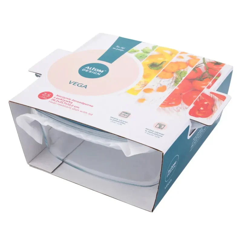 Przezroczysta, okrągła forma żaroodporna do pieczenia z pokrywką, 2.5 litra, idealna do przygotowywania i przechowywania potraw w Domowym Zakątku.