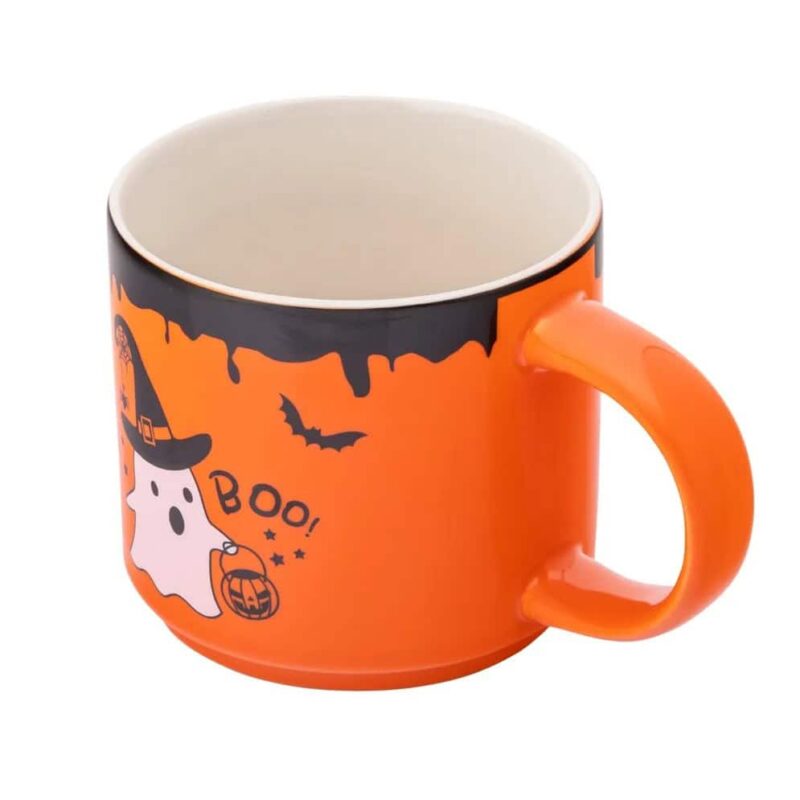 Kolorowa kubek Halloween z duchkiem, czarownicą, nietoperzami i napisem BOO, idealny na sezon jesienno-zimowy, szybkoschnący, trwały, ozdoba na Halloween i prezent dla dzieci i dorosłych.