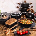 Komplet garnków i naczynia do gotowania na indukcji, ceramicznej i gazowej, idealne do przygotowywania domowych posiłków, pieczenia i przechowywania żywności w kuchni Domowy Zakątek.