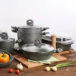 Nowe naczynia kuchenne garnki i patelnie z granitowym wykończeniem, zestaw do gotowania i pieczenia, nowoczesne naczynia do kuchni domowej, Domowy Zakątek, optymalny wybór naczyń kuchennych.