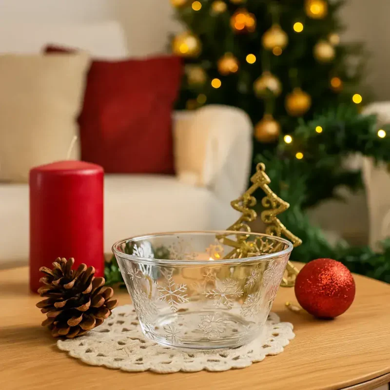 Szklana misa z dekoracyjnymi wzorami śnieżnych kryształów na świątecznym stole, obok czerwona świeca, szyszka i ornament, w tle choinka z bombkami, nastrojowa atmosfera bożonarodzeniowa.