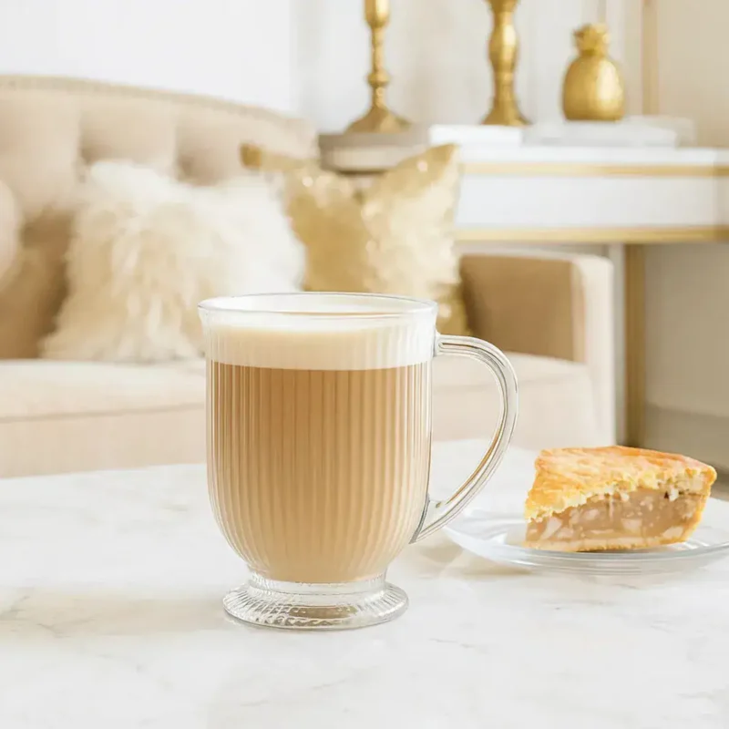 Pyszna kawa latte w eleganckim szklanym kubku na jasnym tle, idealna do domowego relaksu w stylu Domowy Zakątek.