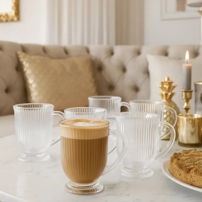 Kryształowe szklanki do kawy na stole, elegancki wystrój wnętrza, domowy klimat, luksusowa zastawa, relaks przy filiżance kawy, stylowe dodatki gold, przytulna atmosfera, elegancki salon domowy, romantyczna aranżacja, wygoda i elegancja w domu.