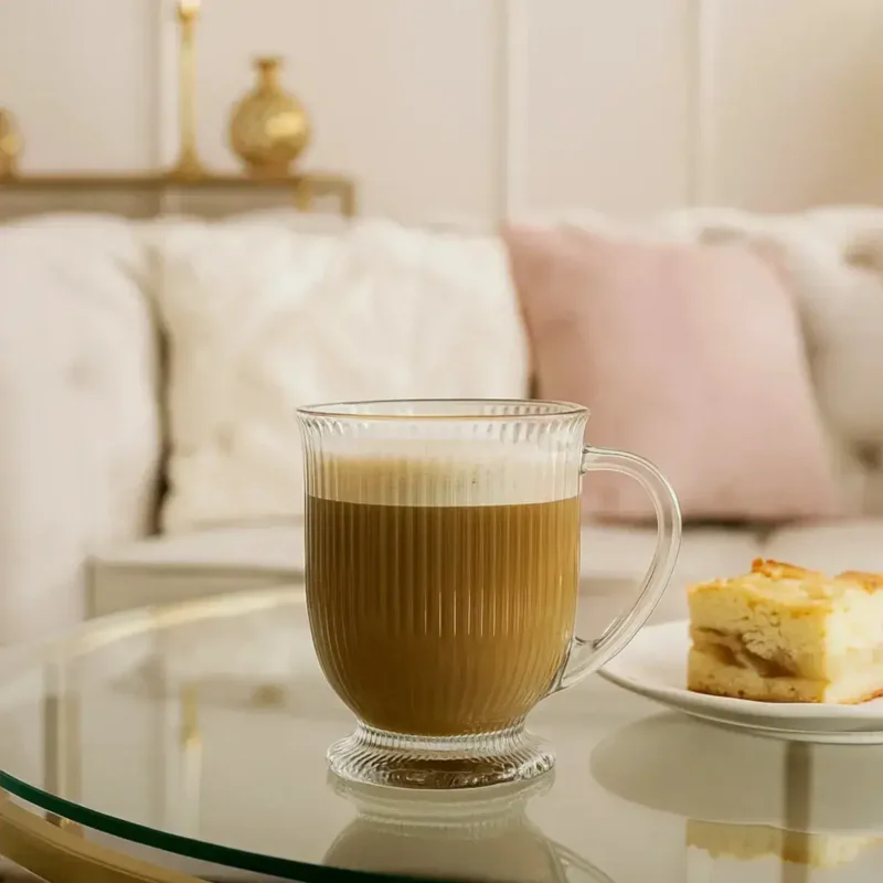Kawa latte w szklance na stole z ciastem, relaksujące wnętrze salonu z różowymi i białymi poduszkami, elegancki i przytulny nastrój, idealny do wypoczynku w domowym zaciszu.