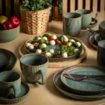 Ceramiczne naczynia i kubki w stylu rustykalnym na stole, w tle kosz z zielonymi ziołami oraz świeże warzywa, idealne do domowego przyjęcia.