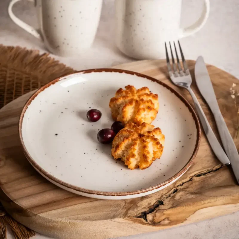 Delikatne kotleciki drobiowe na talerzu z czarnymi porzeczkami, podane na naturalnym drewnianym stole, w rustykalnym stylu, idealne do domowej kuchni, postawione w stylu farmhouse, polskie danie.
