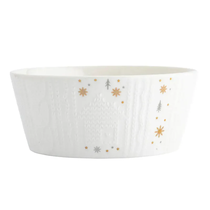Ceramiczna miska świąteczna z delikatnym wzorem śnieżynek i drzewek, idealna na Boże Narodzenie, dekoracyjny element domu, kolekcja Domowy Zakątek.
