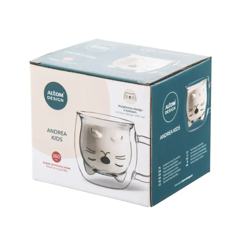 Praktyczny termiczny kubek z motywem kotka, idealny dla dzieci, pojemność 260 ml, utrzymuje ciepło napojów, uniwersalny design, wysokiej jakości produkt dla najmłodszych.